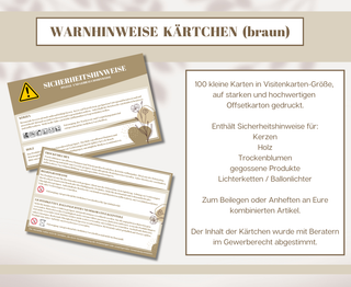 Warnhinweise kombiniert Kerzen, Holz, Trockenblumen etc. braun