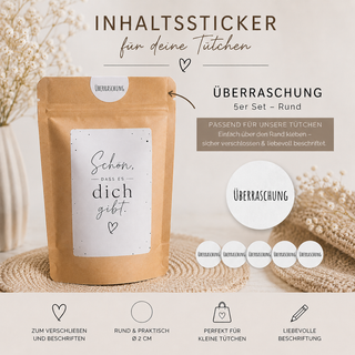 5 Inhalts-Sticker für Geschenktütchen ÜBERRASCHUNG