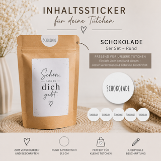 5 Inhalts-Sticker für Geschenktütchen SCHOKOLADE