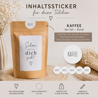 5 Inhalts-Sticker für Geschenktütchen KAFFEE