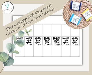 Happy New Year 2026 PDF-Download Banderolen für Mini-Rittersport Täfelchen