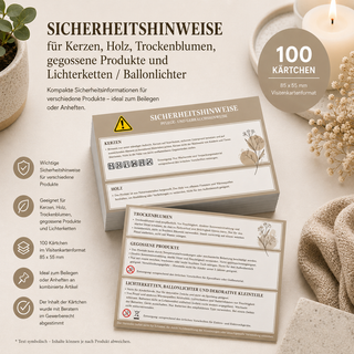 Kerzen, Holz, Trockenblumen etc. braun Warnhinweise kombiniert