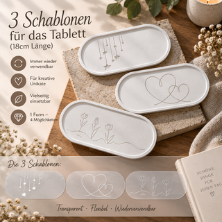 3er Schablonen Set für Tablett Herz, Sterne, Blumen